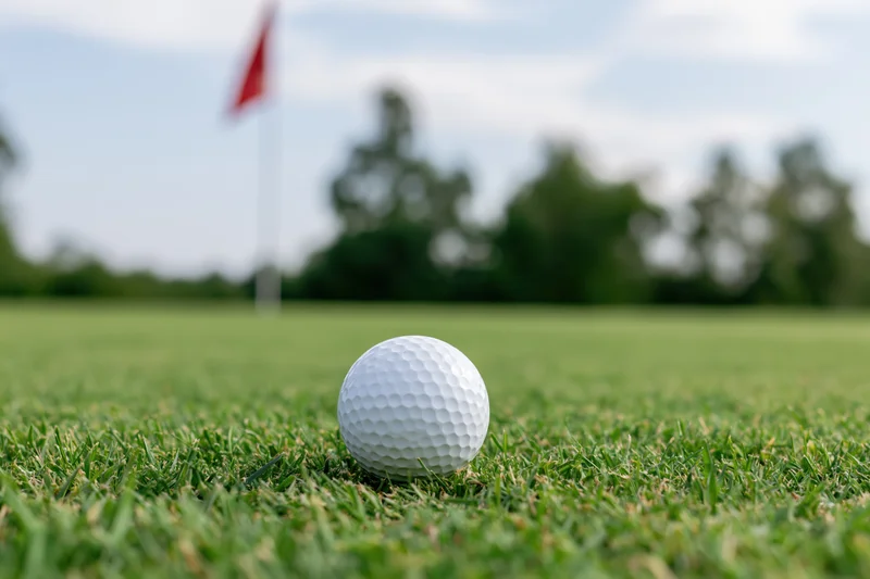 White golf ball resting on a closely mown putting green with flag in background