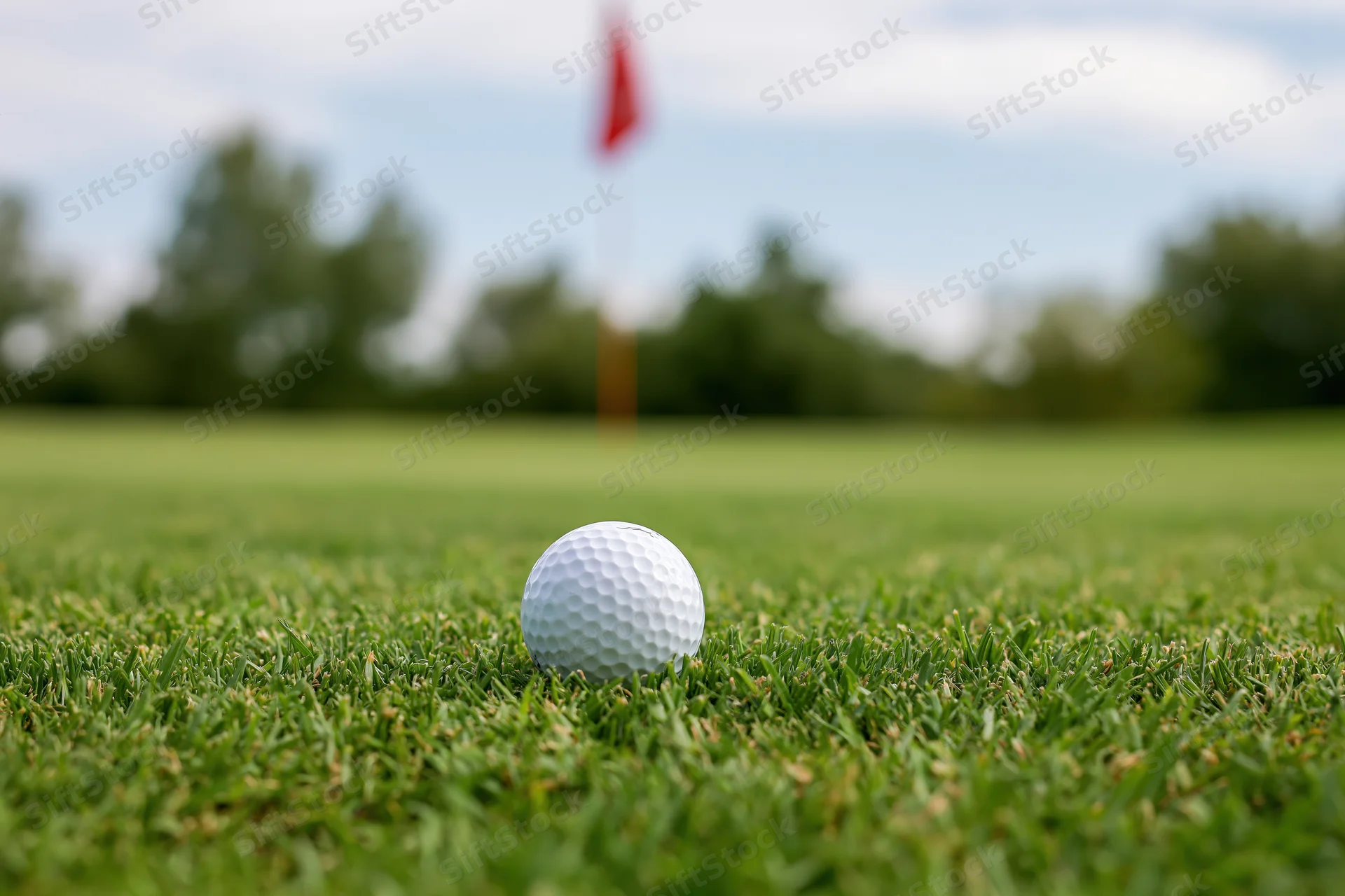 White golf ball resting on a closely mown putting green with flag in background