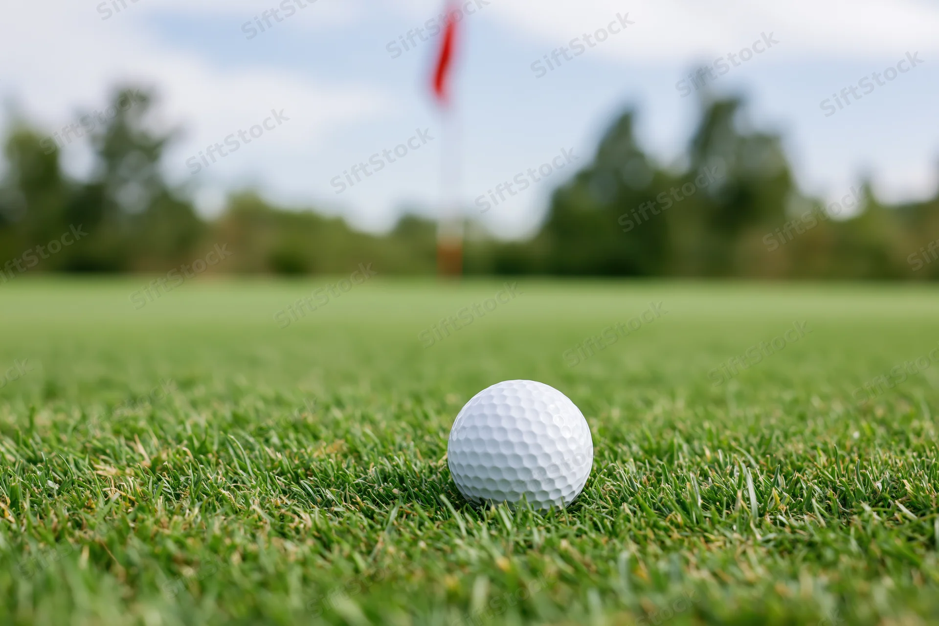 White golf ball resting on a closely mown putting green with flag in background