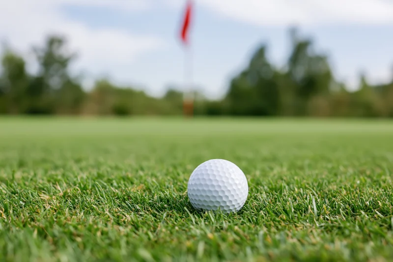 White golf ball resting on a closely mown putting green with flag in background