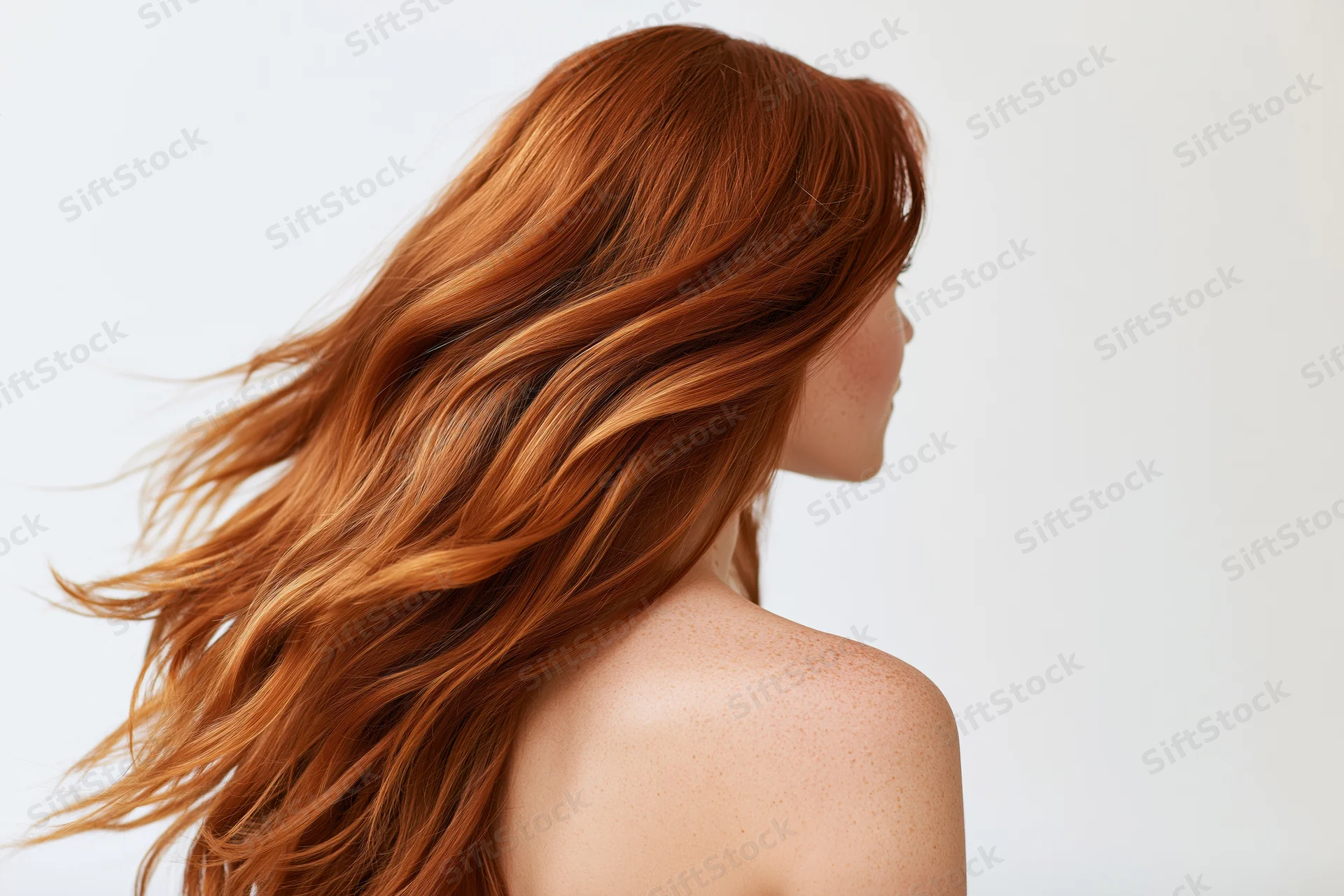 Woman with long flowing red hair shown from back and side in studio portrait