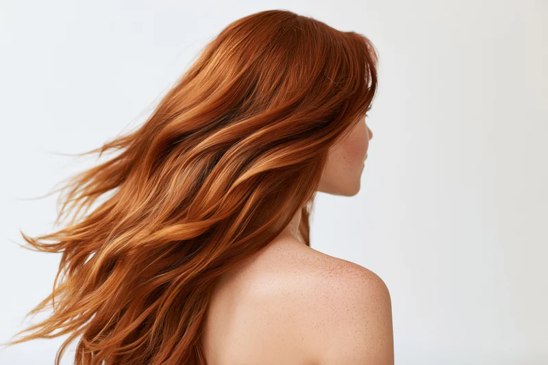 Woman with long flowing red hair shown from back and side in studio portrait