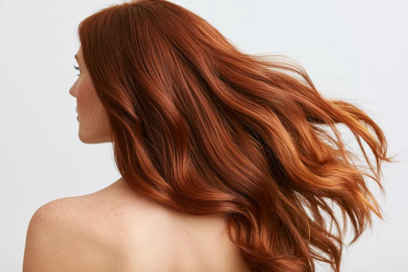 Woman with long flowing red hair shown from back and profile, bare shoulders, studio lighting