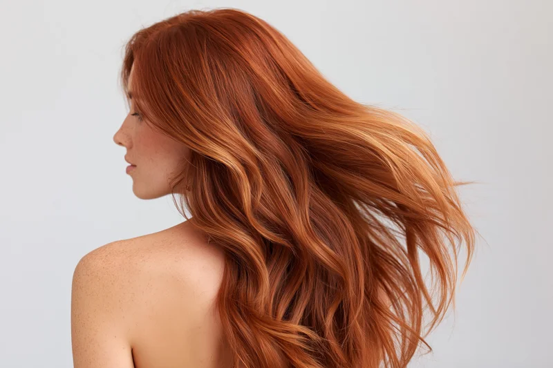 Woman with long flowing red wavy hair shown in profile from behind, bare shoulders, studio portrait