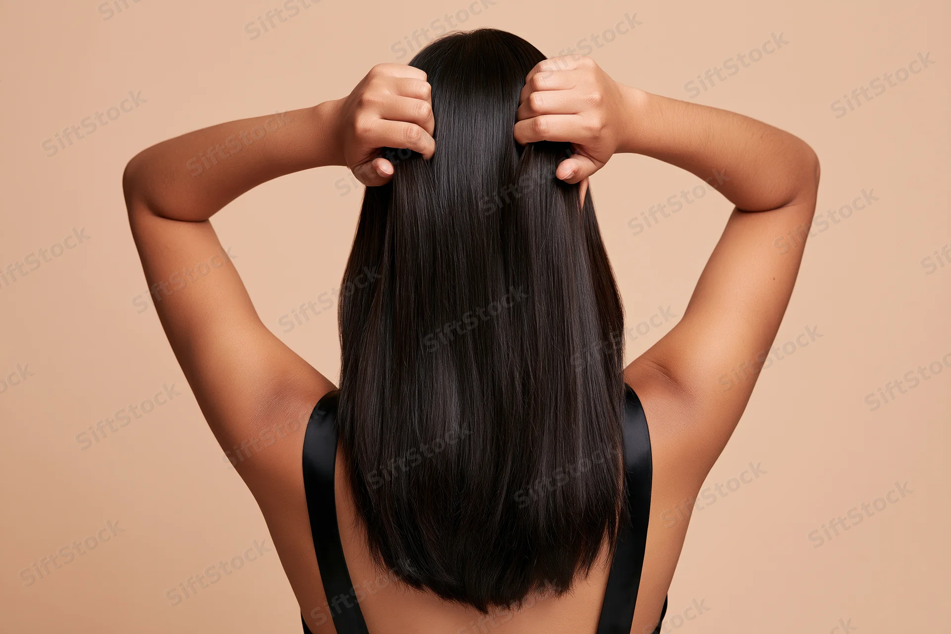 Woman from behind holding her long black hair with both hands in studio setting