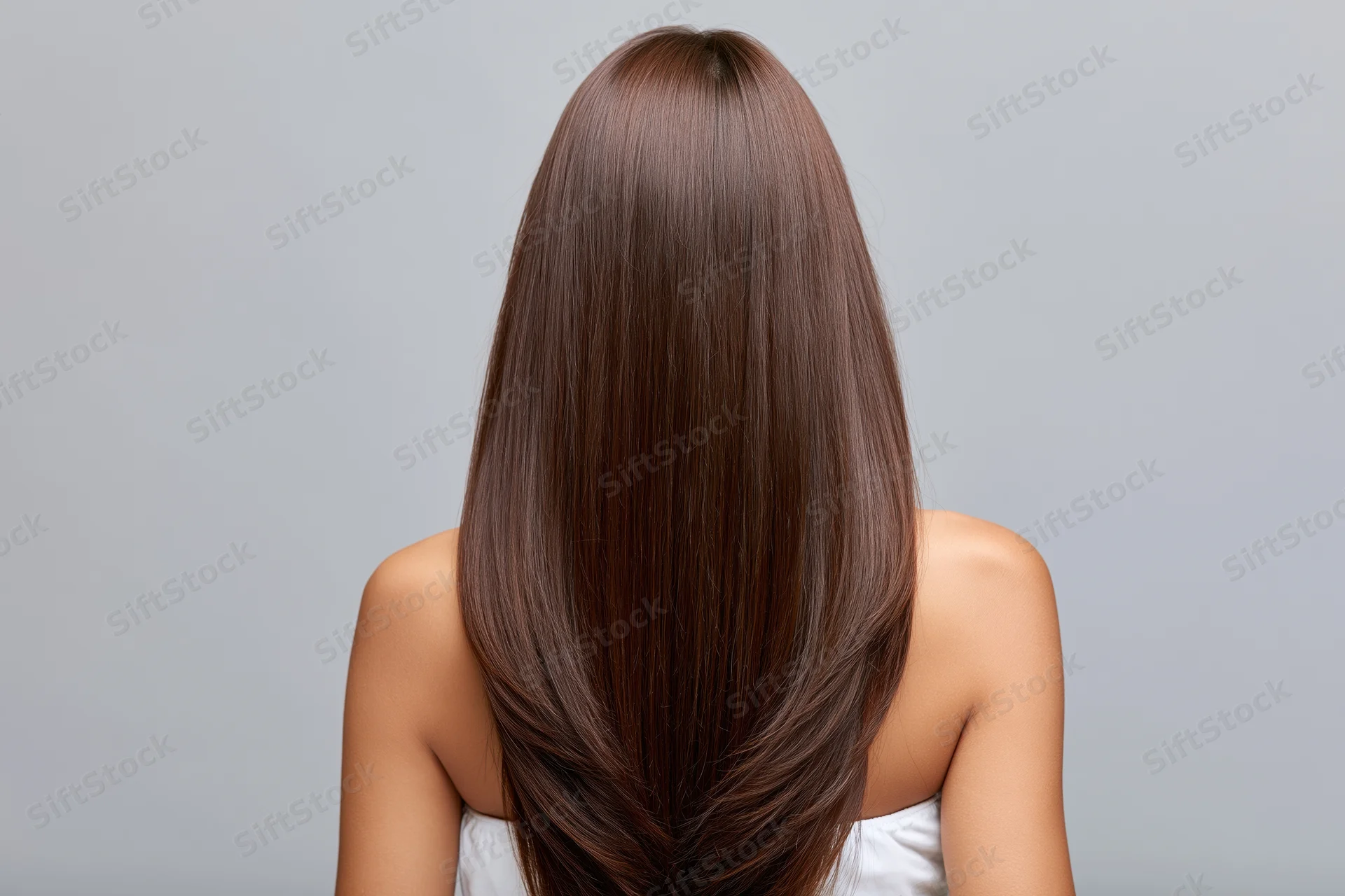 Woman seen from back with long straight chestnut hair, wearing white top against gray background