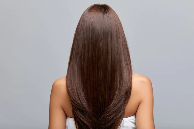 Woman seen from back with long straight chestnut hair, wearing white top against gray background