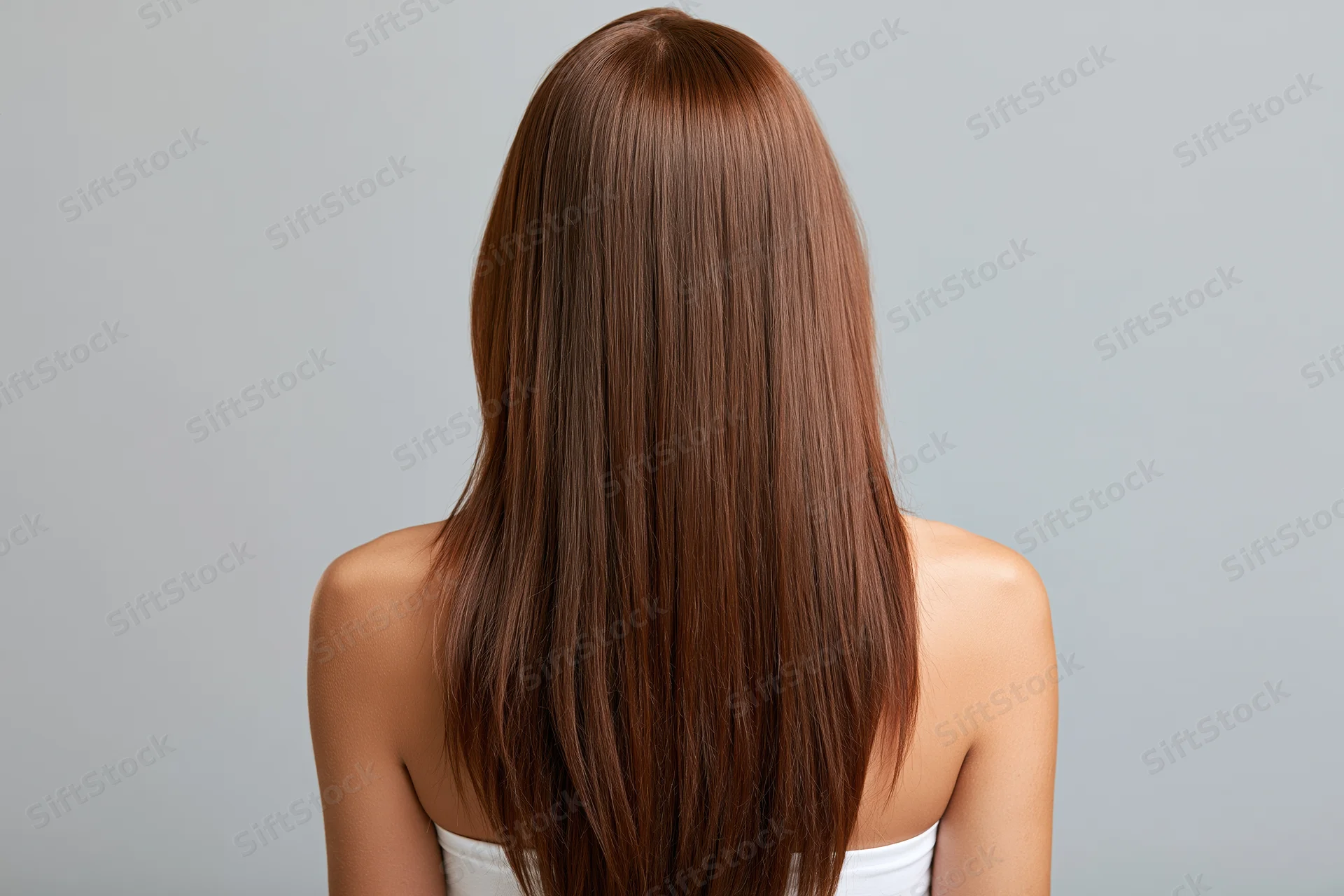 Woman seen from back with long straight chestnut hair, shoulders bare, white top, studio lighting