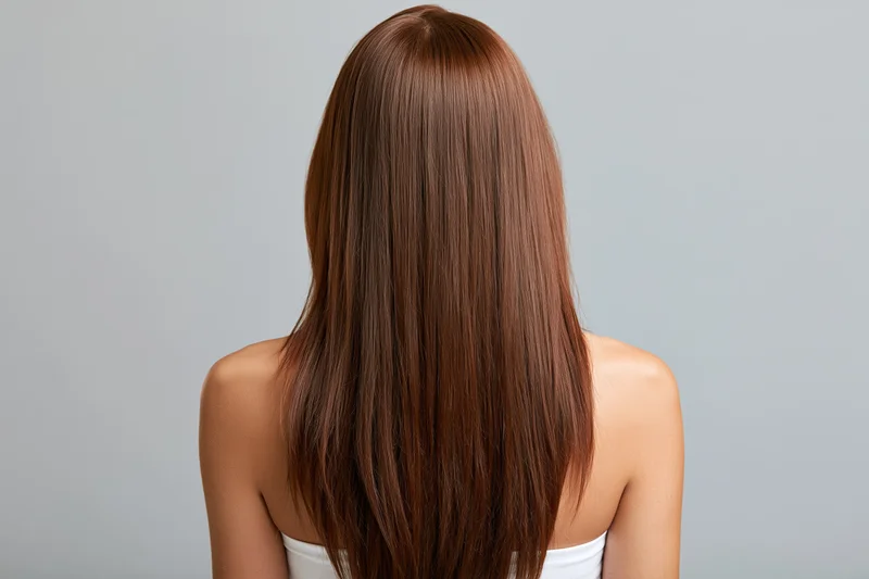 Woman seen from back with long straight chestnut hair, shoulders bare, white top, studio lighting