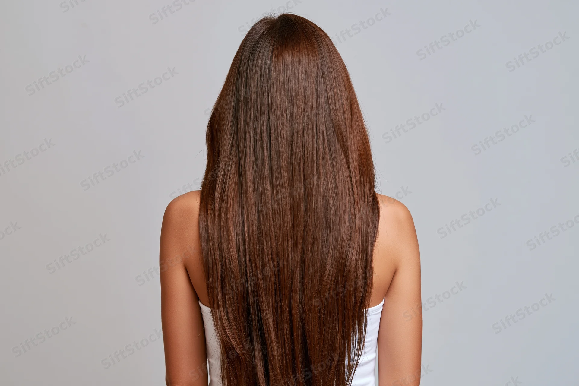 Woman seen from back with long straight chestnut hair in studio setting