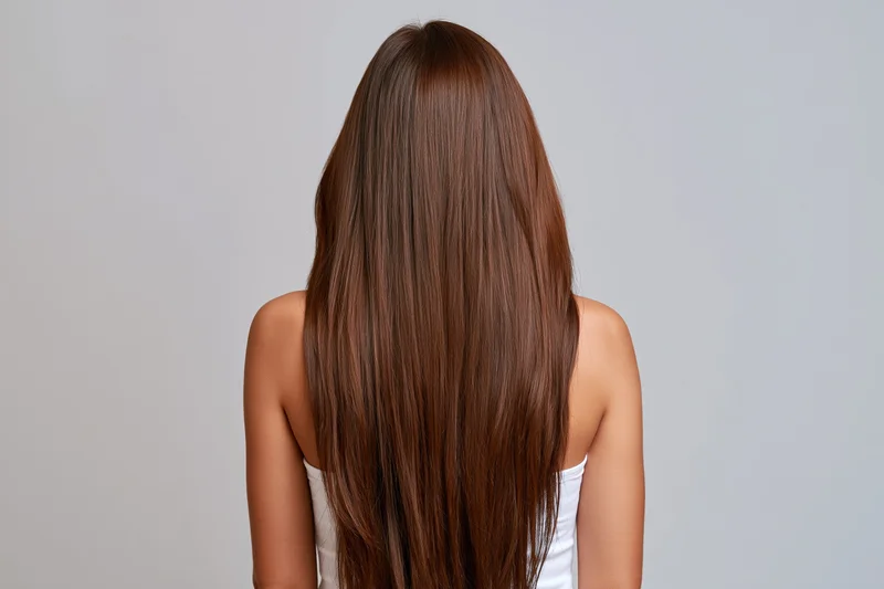 Woman seen from back with long straight chestnut hair in studio setting