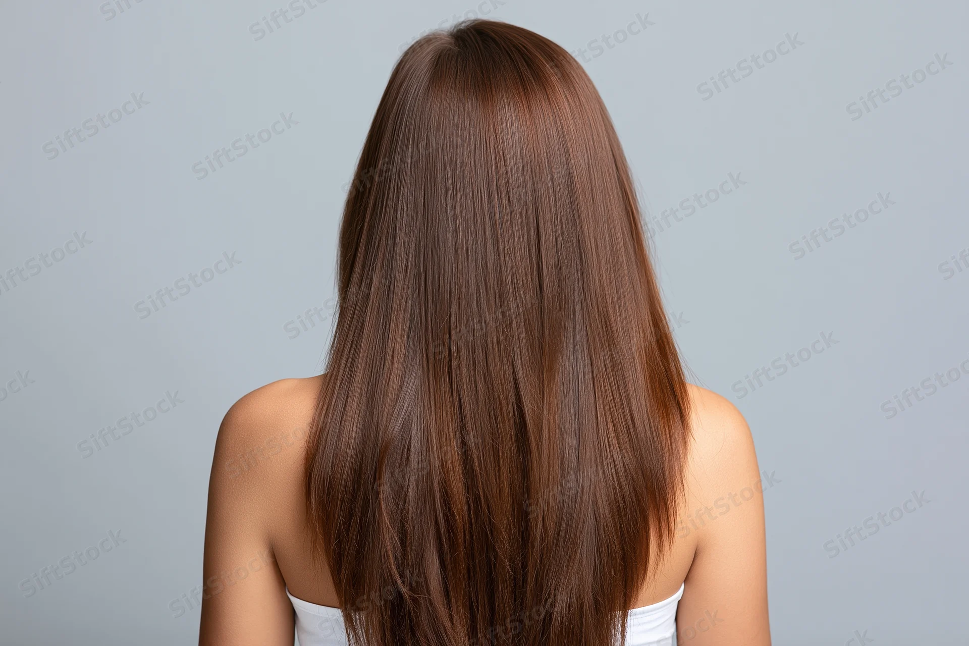 Woman seen from back with long straight chestnut hair in studio setting