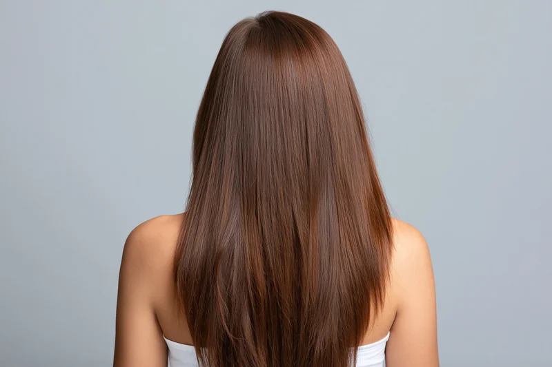 Woman seen from back with long straight chestnut hair in studio setting