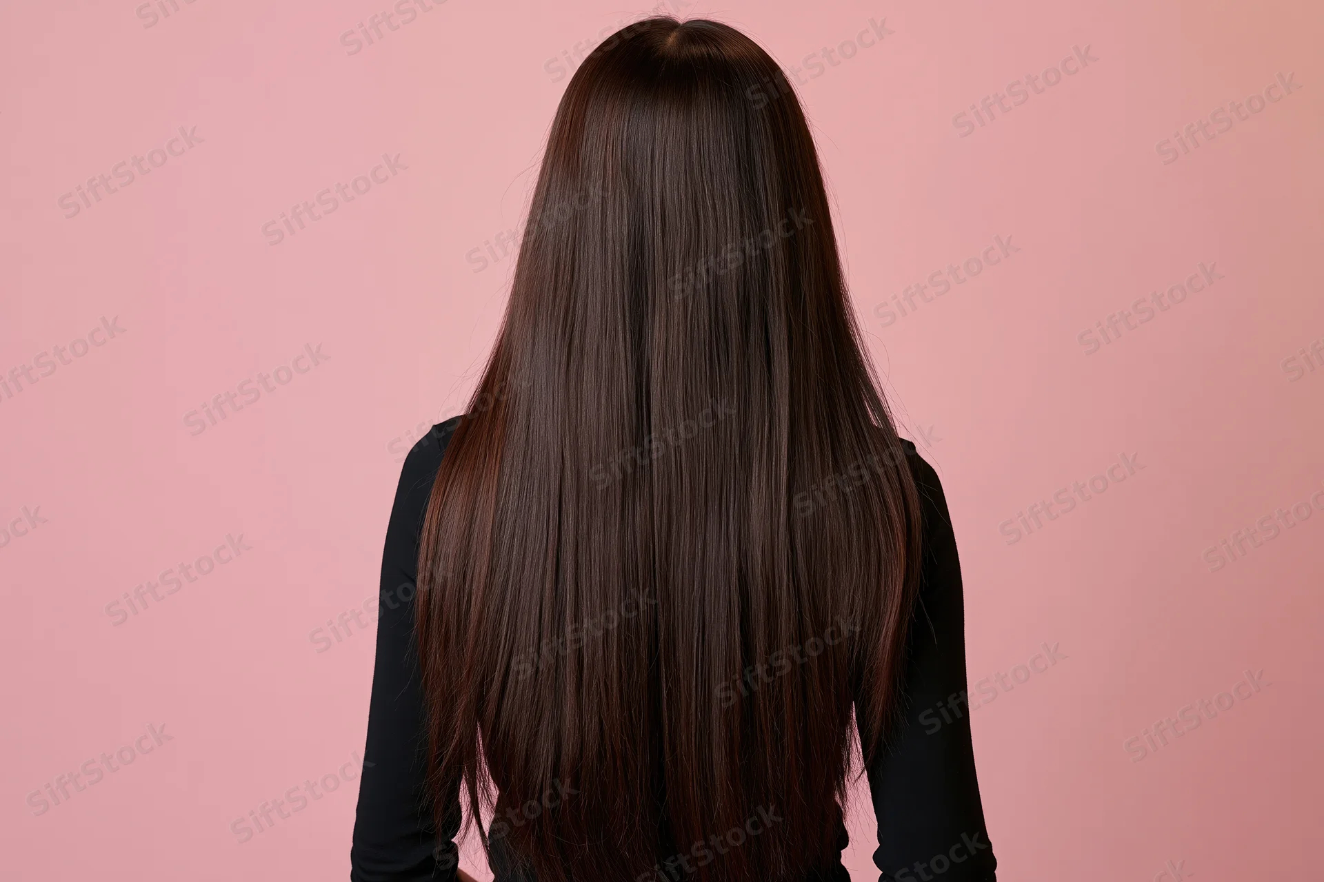 Woman seen from back with long straight dark brown hair against pink background wearing black top
