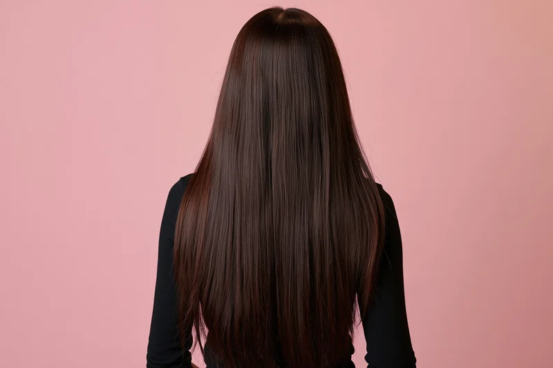 Woman seen from back with long straight dark brown hair against pink background wearing black top