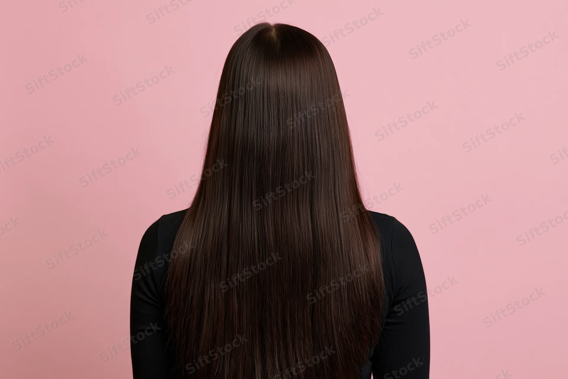 Woman with long straight dark brown hair seen from back against pink background wearing black top