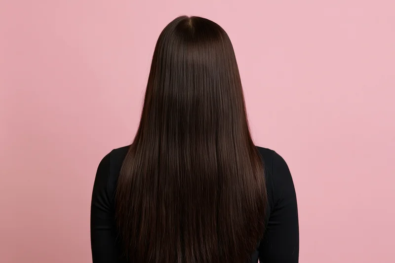 Woman with long straight dark brown hair seen from back against pink background wearing black top
