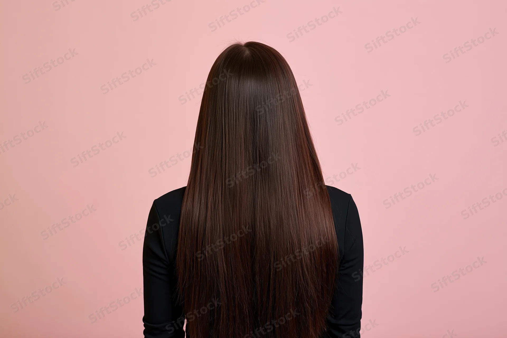 Woman with long straight dark brown hair seen from back in studio setting
