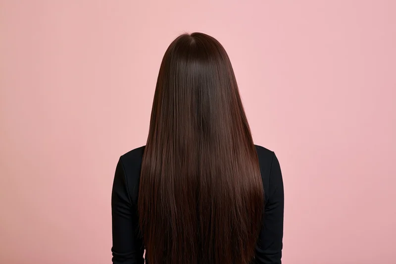 Woman with long straight dark brown hair seen from back in studio setting