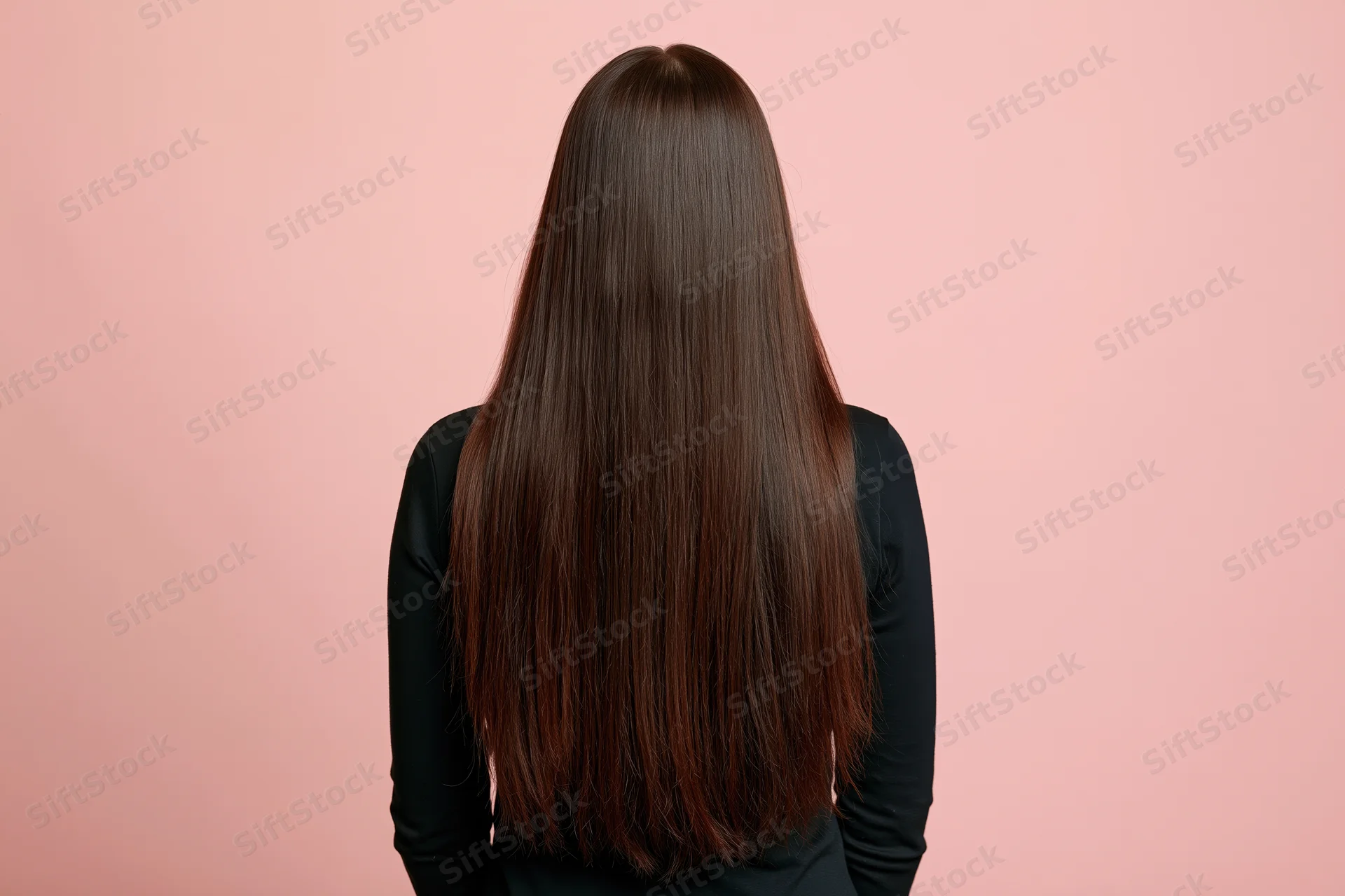 Woman with long straight dark brown hair seen from back against pink background