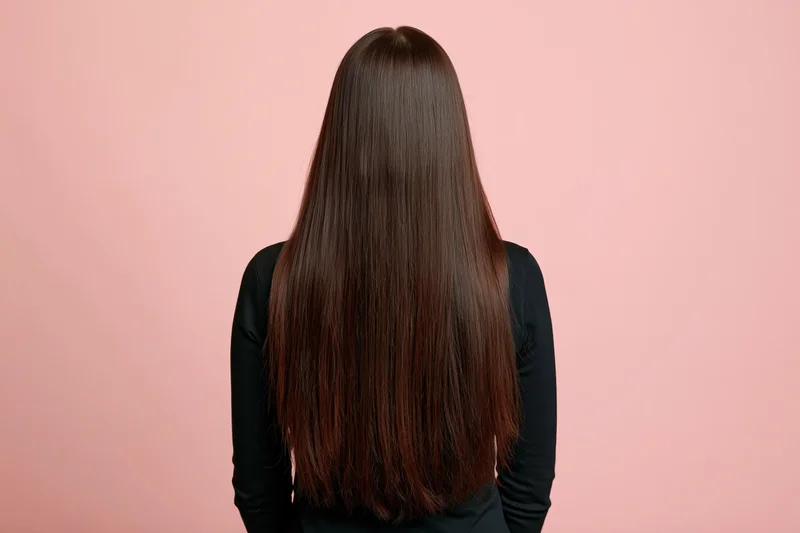 Woman with long straight dark brown hair seen from back against pink background