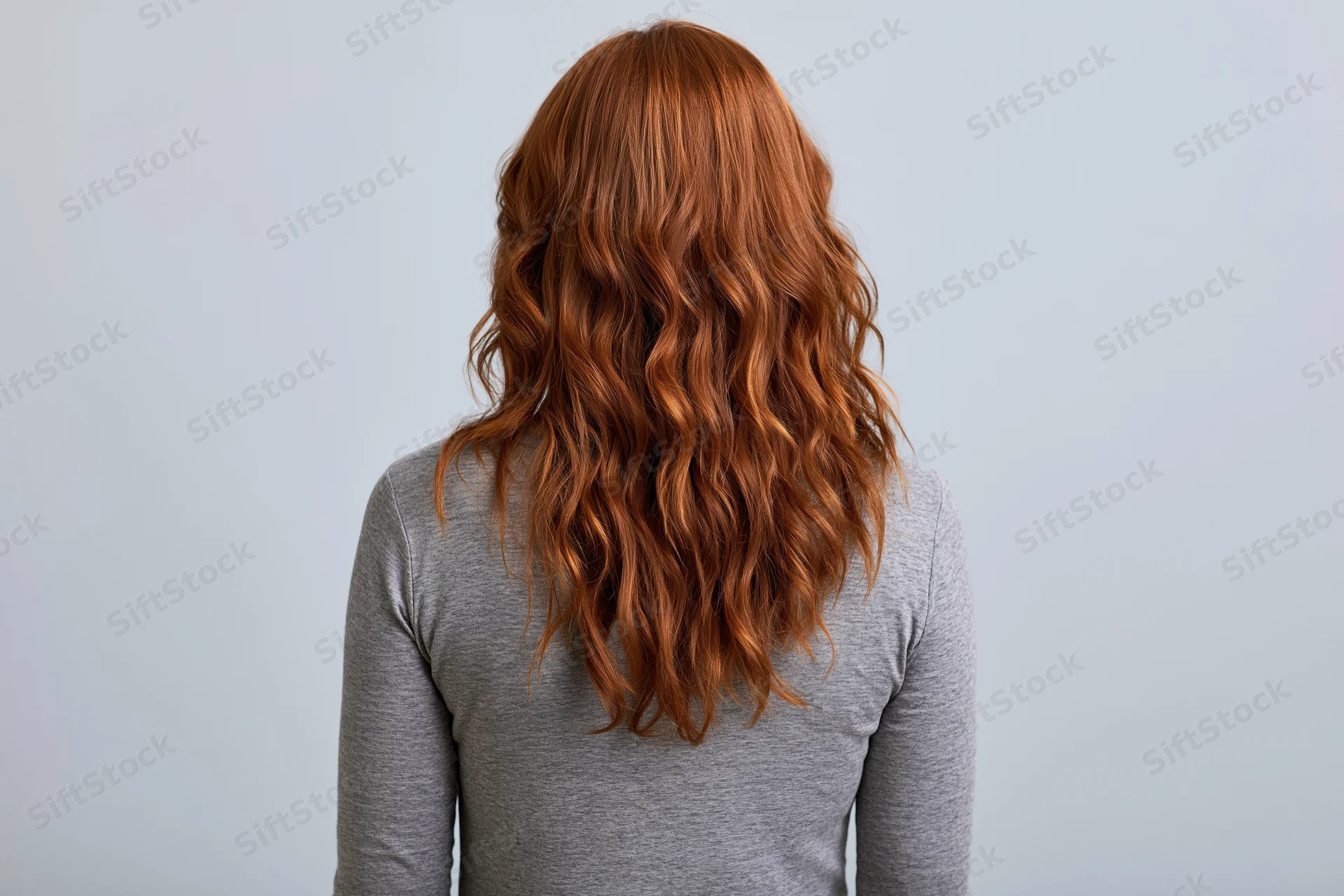 Woman with long wavy auburn hair seen from back in studio setting