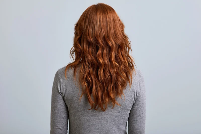 Woman with long wavy auburn hair seen from back in studio setting