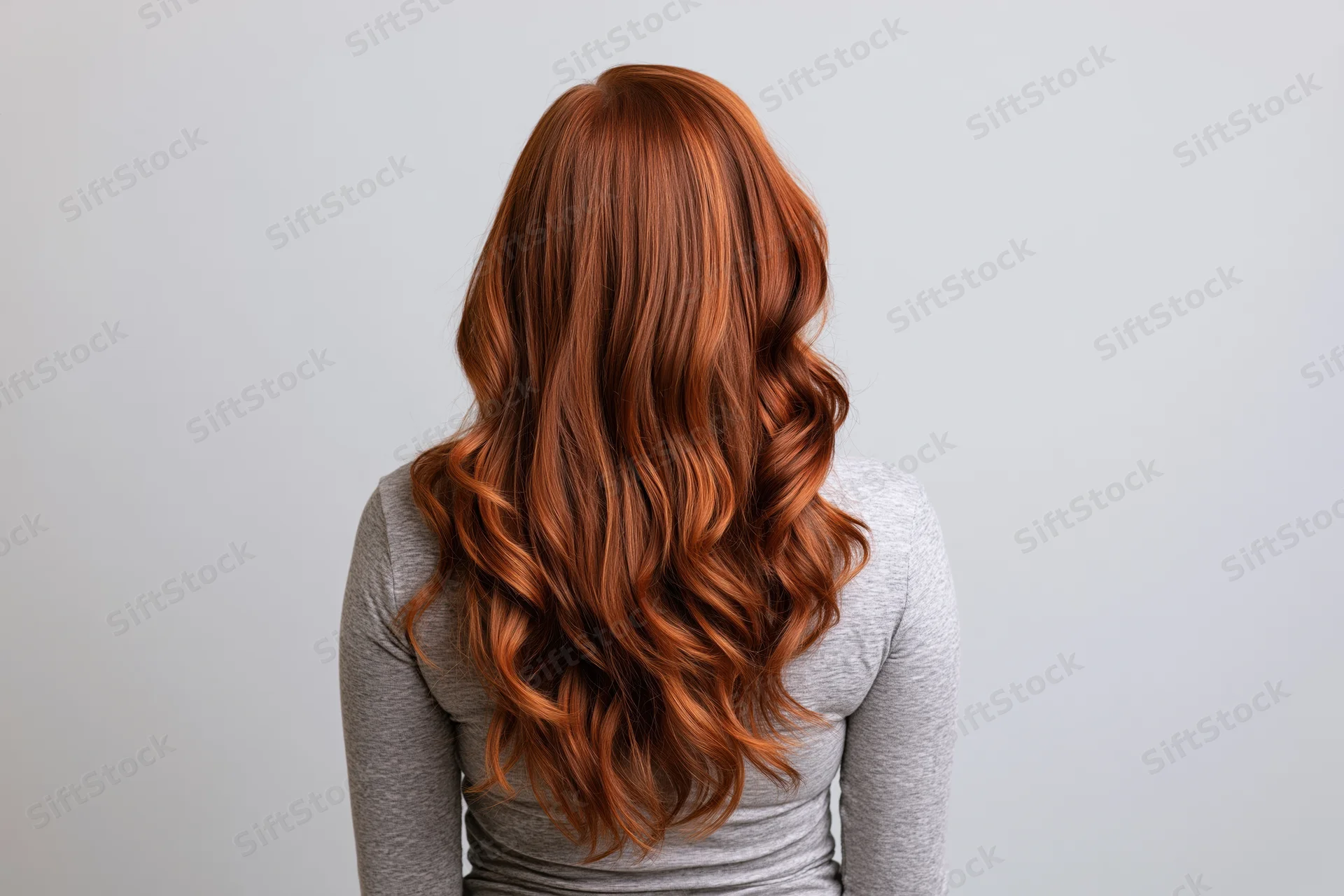 Woman with long wavy auburn hair seen from back against plain background