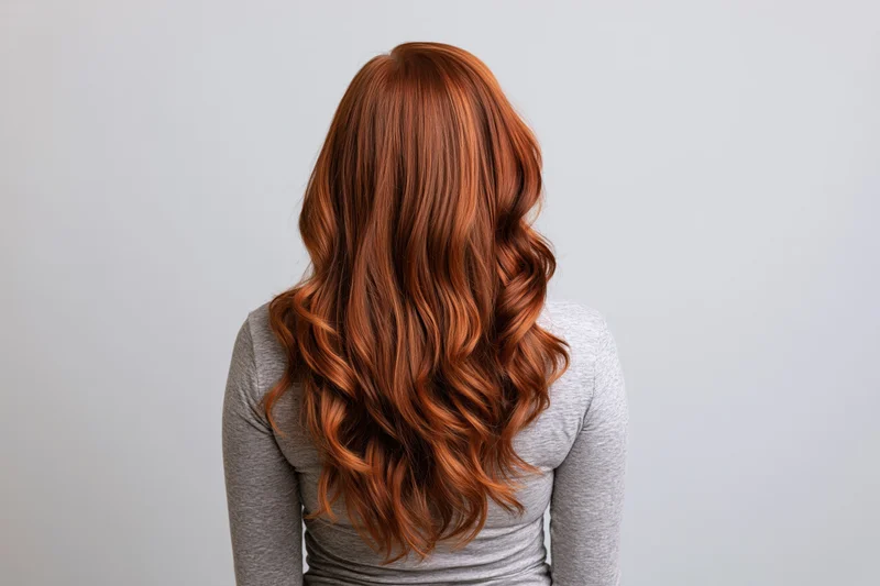 Woman with long wavy auburn hair seen from back against plain background