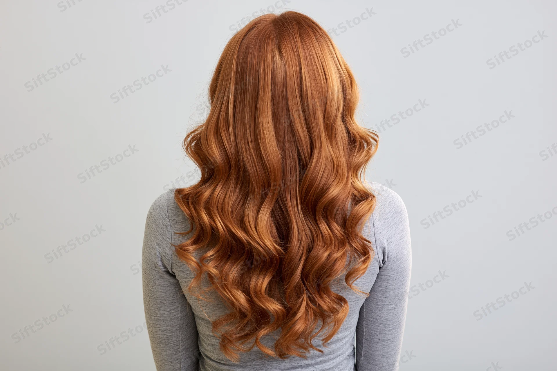 Woman with long wavy auburn hair seen from back against plain background