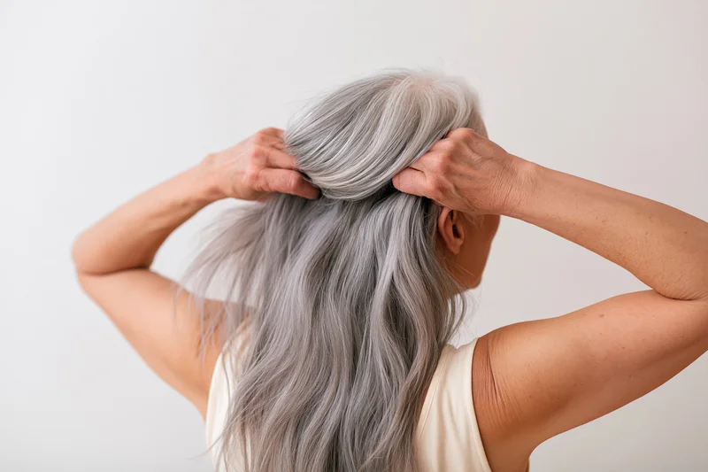 Senior woman holding her long silver-grey hair from behind in a studio setting