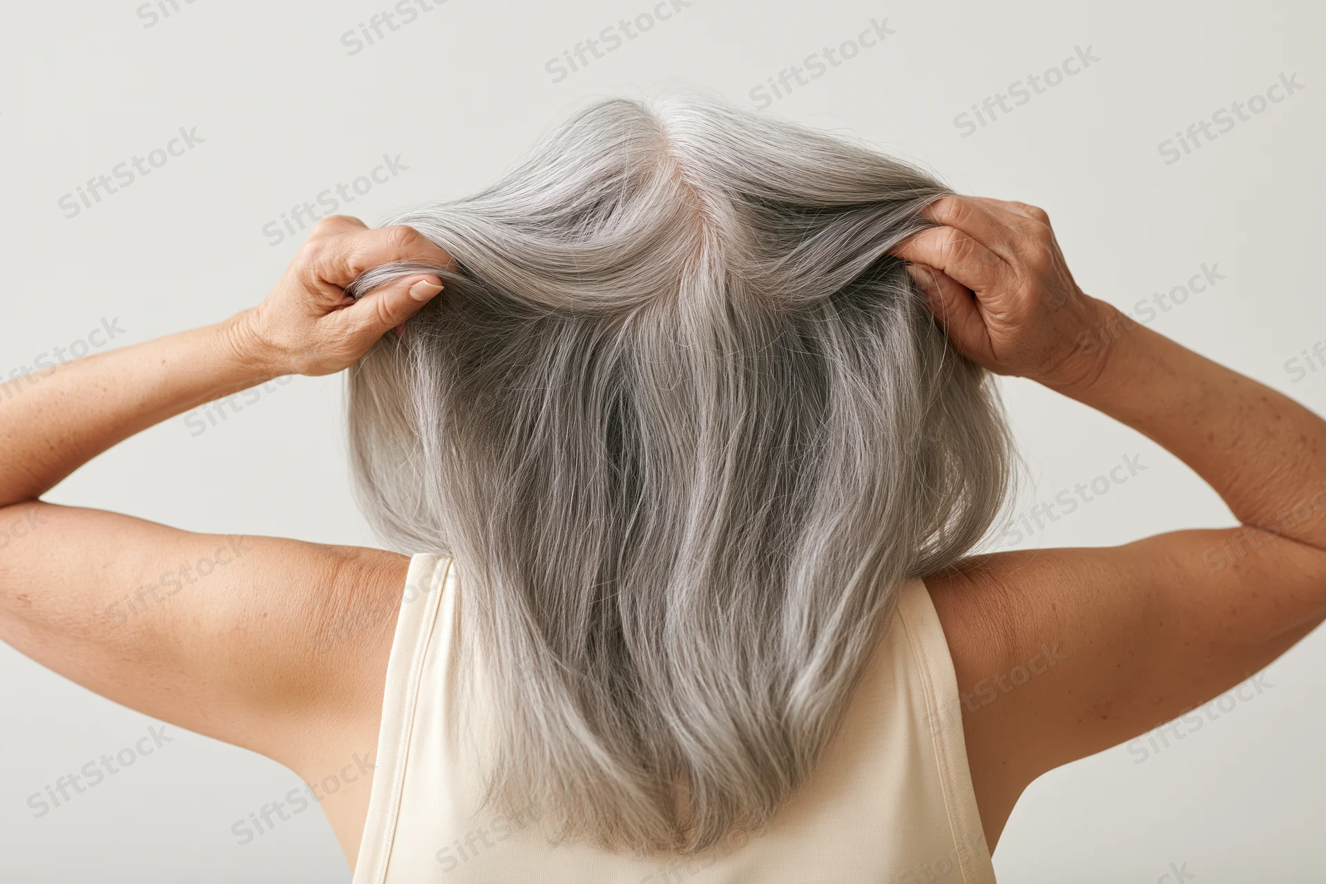 Senior woman holding her long silver-gray hair from behind in a studio setting