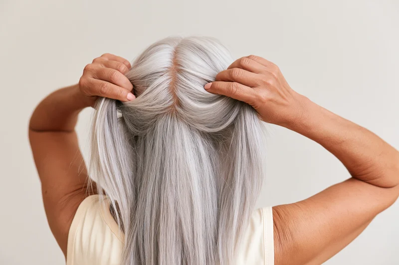Woman from behind holding up her long silver-grey hair to show scalp parting