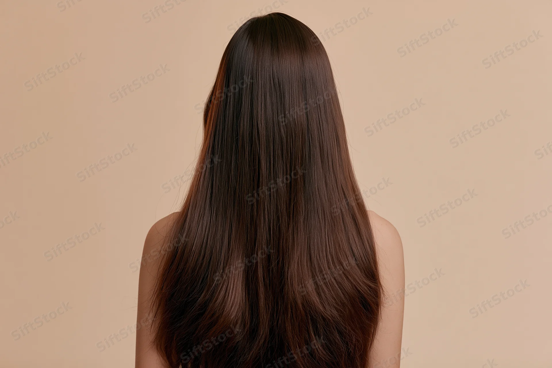 Woman seen from back with long straight dark brown hair falling over shoulders in studio setting