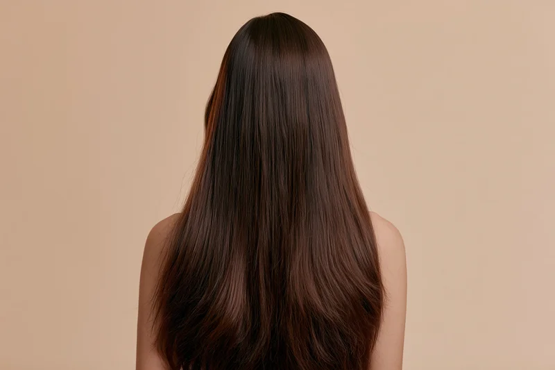 Woman seen from back with long straight dark brown hair falling over shoulders in studio setting