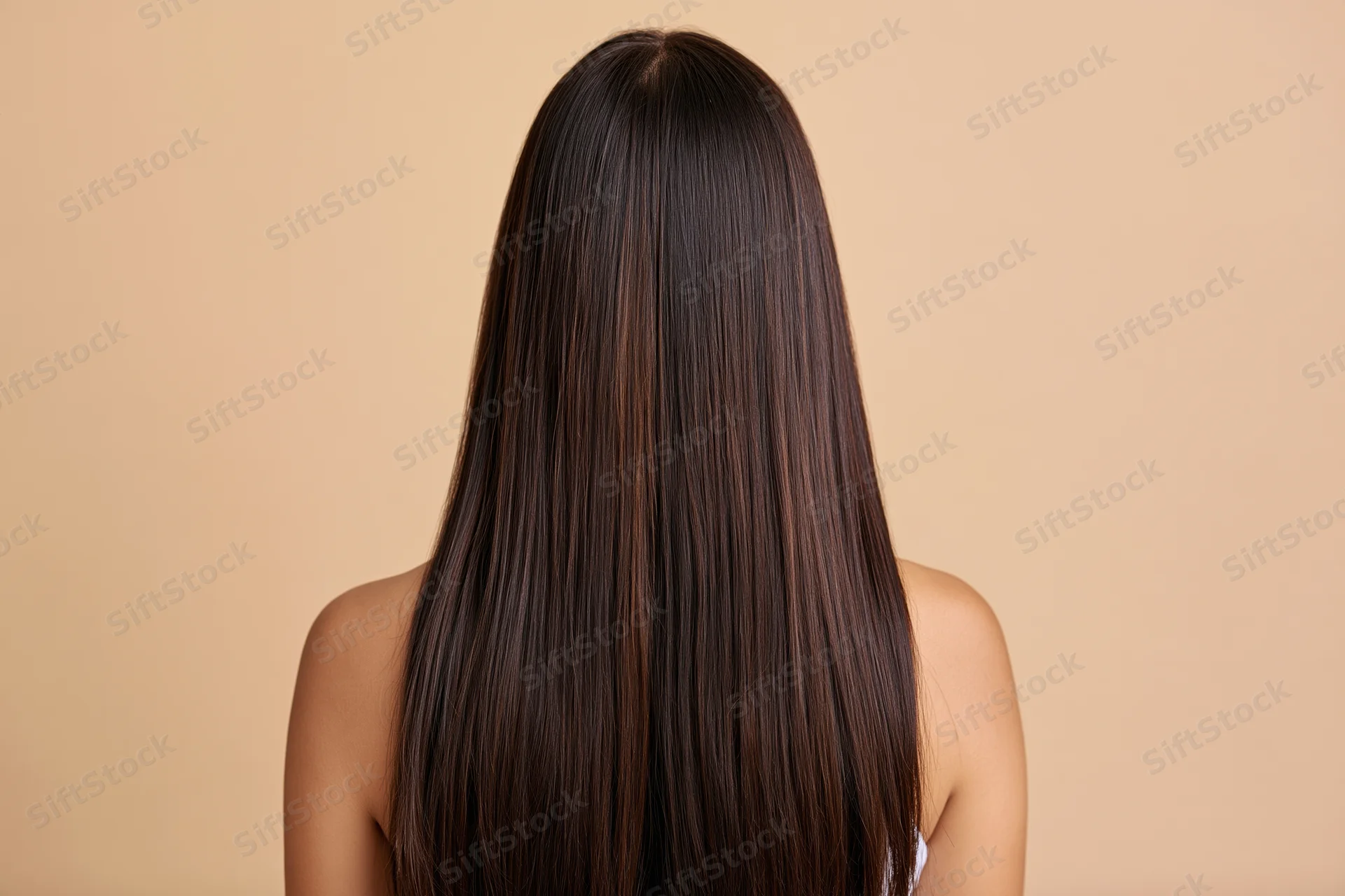Woman from back with long straight dark brown hair falling down her back