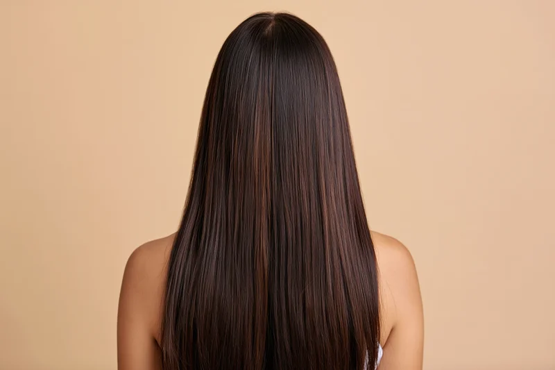 Woman from back with long straight dark brown hair falling down her back