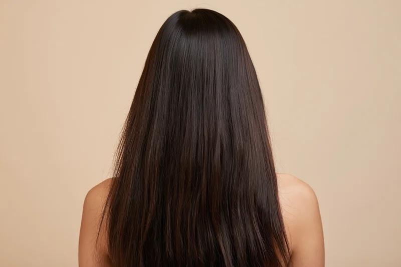 Woman seen from back with long straight dark brown hair falling over shoulders against beige background