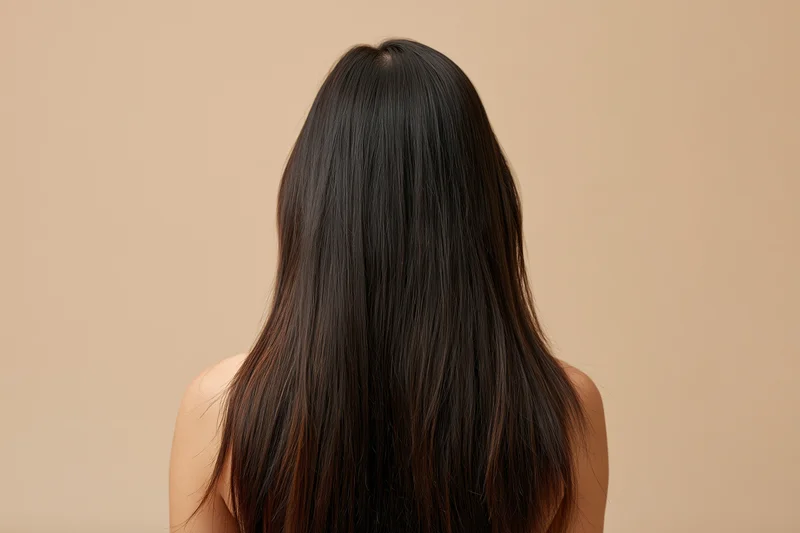 Woman seen from back with long straight dark brown hair falling over shoulders