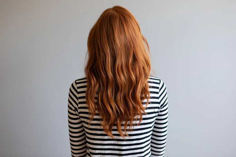 Woman with long wavy auburn hair seen from back wearing striped shirt