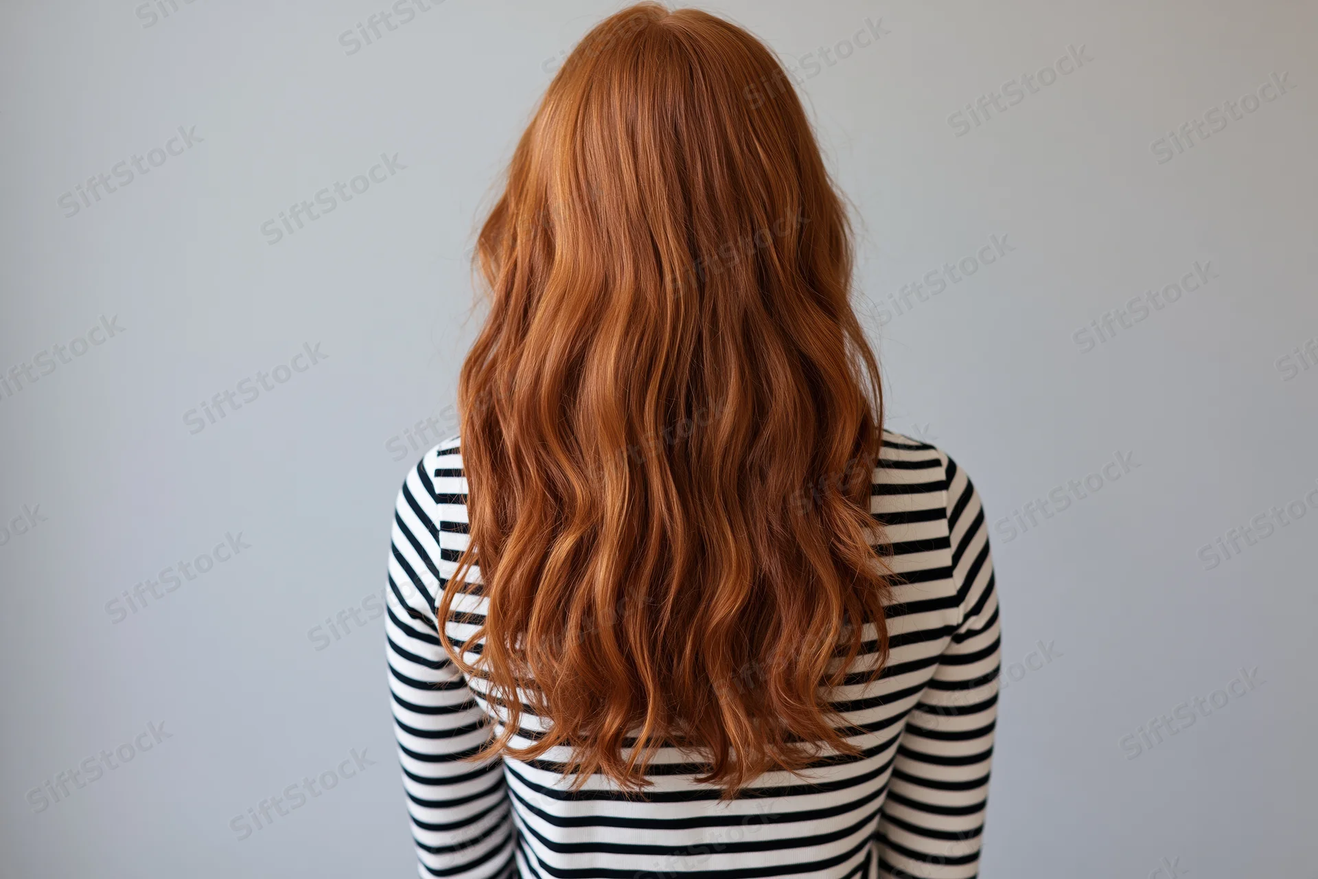 Woman with long wavy auburn hair seen from behind wearing striped shirt