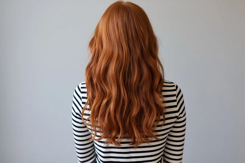 Woman with long wavy auburn hair seen from behind wearing striped shirt