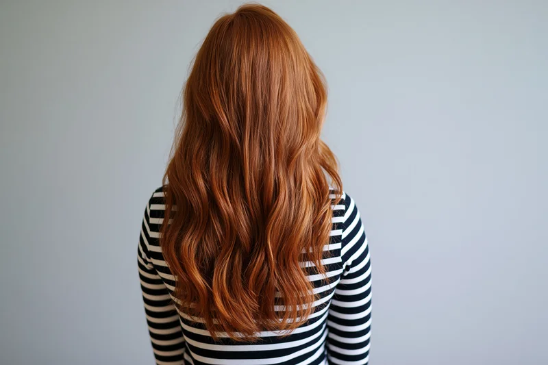 Woman with long wavy auburn hair seen from back wearing striped shirt