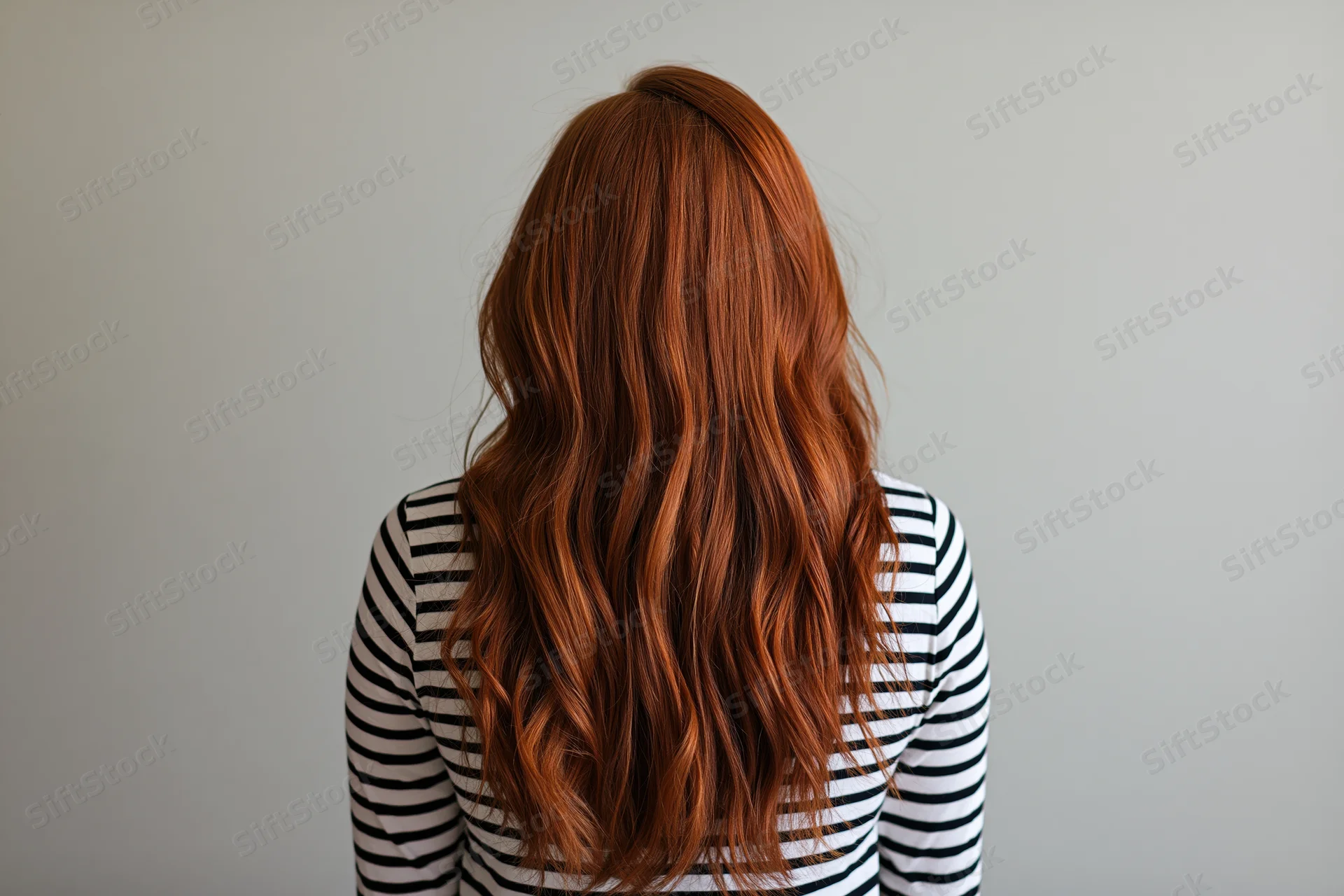Woman with long wavy auburn hair seen from back wearing striped shirt