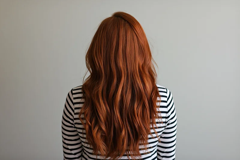 Woman with long wavy auburn hair seen from back wearing striped shirt