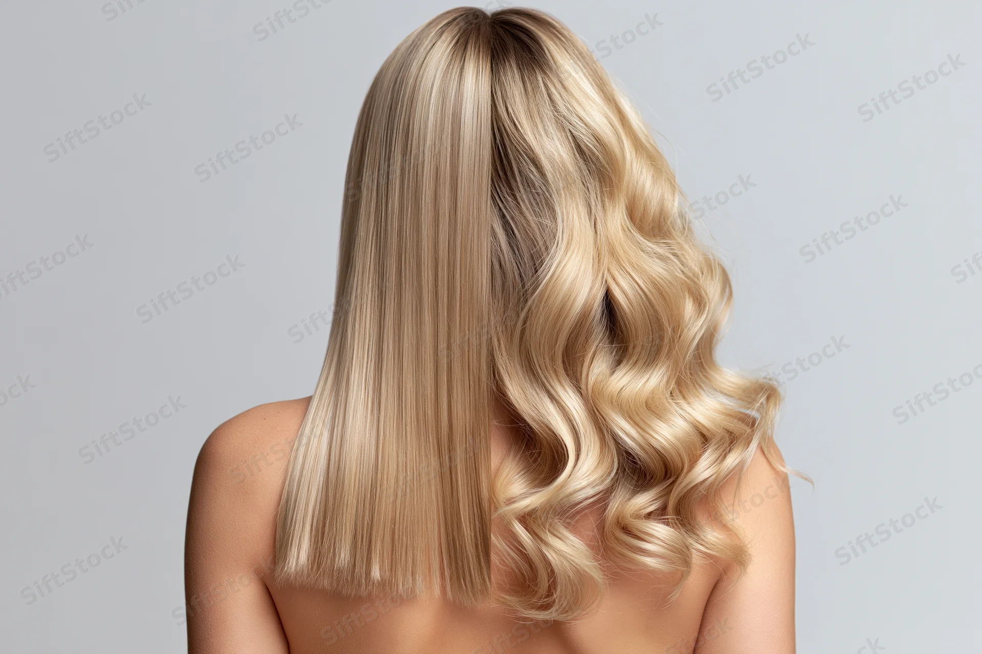 Woman from behind showing straight and wavy blonde hair side by side