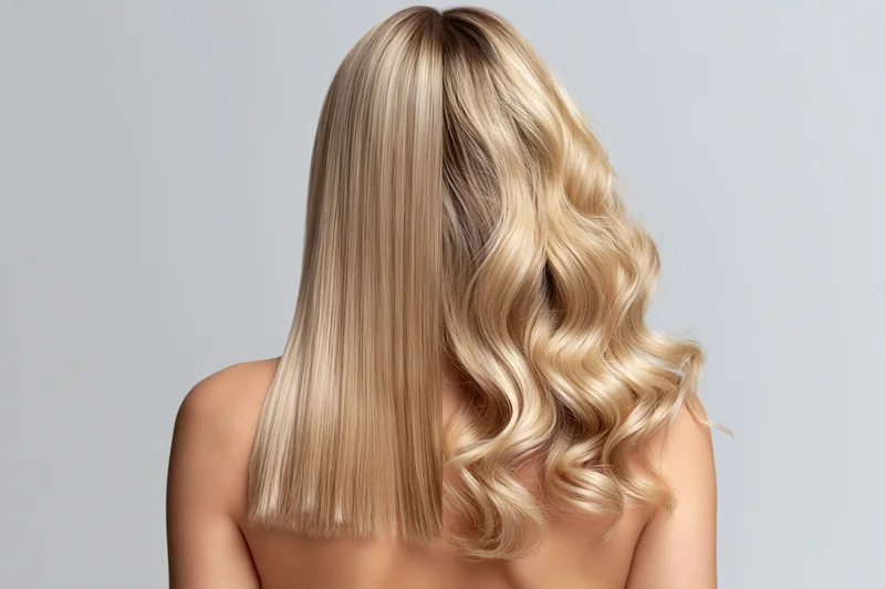 Woman from behind showing straight and wavy blonde hair side by side