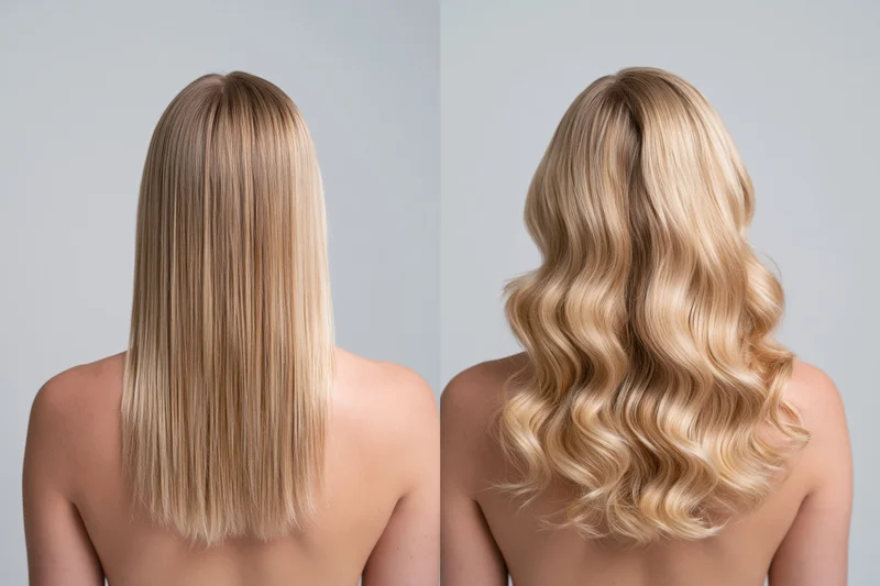 Woman from behind showing straight blonde hair before and wavy blonde hair after styling