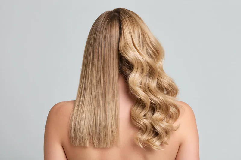Woman from behind showing straight and wavy blonde hair side by side for before and after comparison