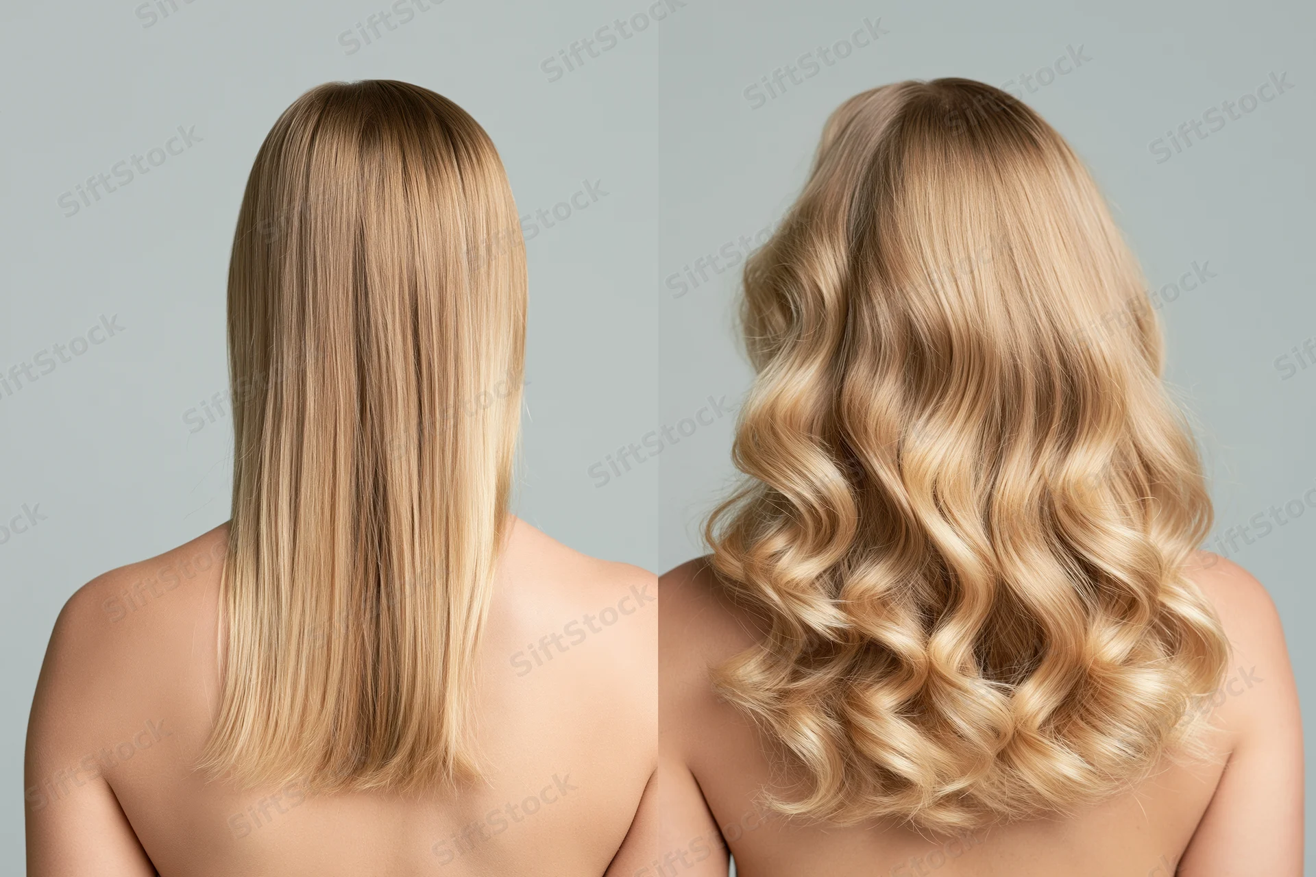 Two women from behind showing straight and wavy blonde hair in before-and-after comparison